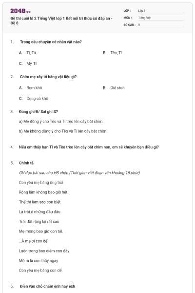 Đề thi cuối kì 2 Tiếng Việt lớp 1 Kết nối tri thức có đáp án - Đề 6