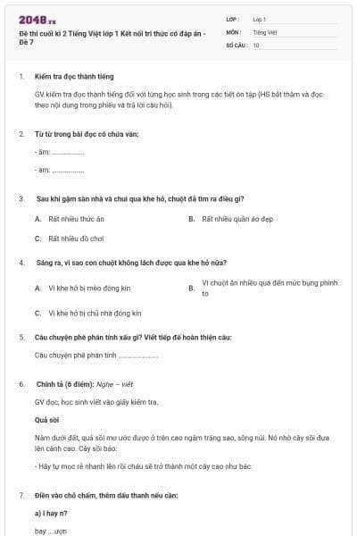 Đề thi cuối kì 2 Tiếng Việt lớp 1 Kết nối tri thức có đáp án - Đề 7