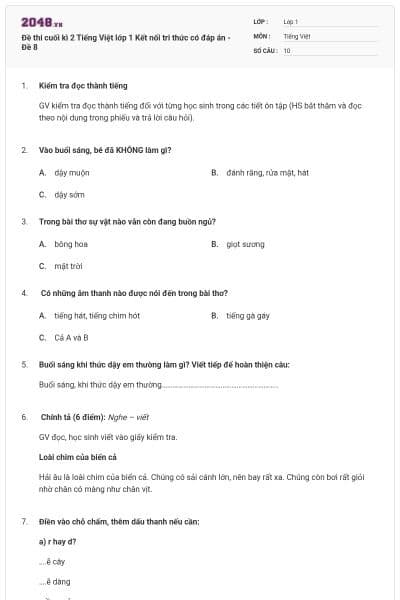Đề thi cuối kì 2 Tiếng Việt lớp 1 Kết nối tri thức có đáp án - Đề 8