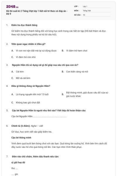 Đề thi cuối kì 2 Tiếng Việt lớp 1 Kết nối tri thức có đáp án - Đề 9