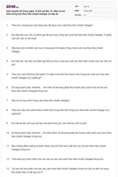 Giải chuyên đề Công nghệ 10 kết nối Bài 13. Một số mô hình trồng trọt theo tiêu chuẩn Vietgap có đáp án