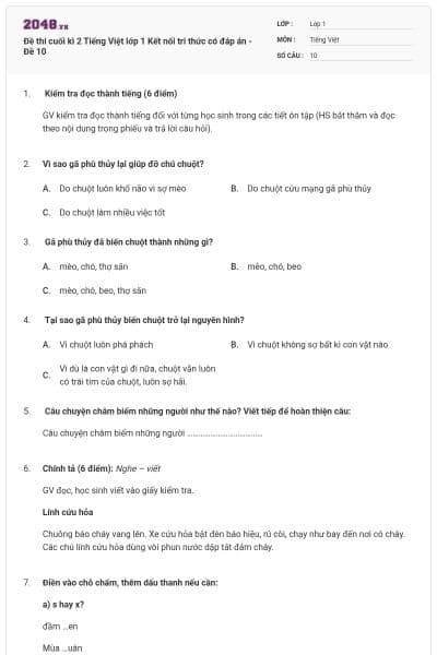 Đề thi cuối kì 2 Tiếng Việt lớp 1 Kết nối tri thức có đáp án - Đề 10
