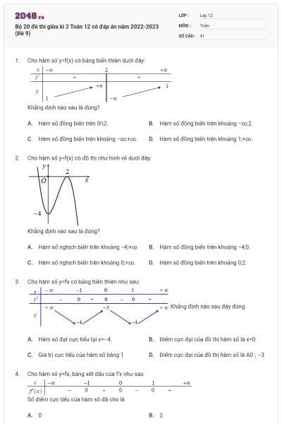 Bộ 20 đề thi giữa kì 2 Toán 12 có đáp án năm 2022-2023 (Đề 9)