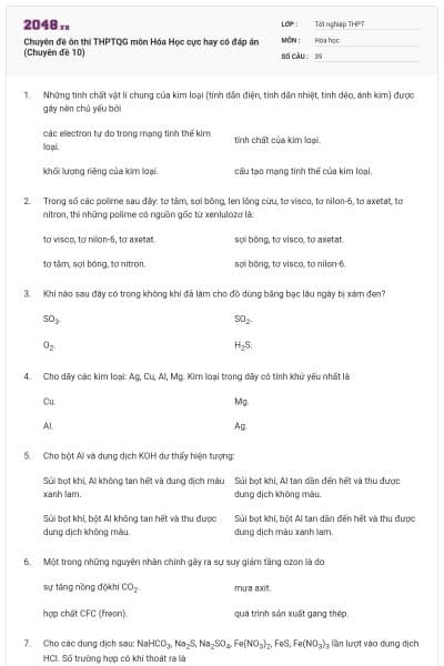 Chuyên đề ôn thi THPTQG môn Hóa Học cực hay có đáp án (Chuyên đề 10)