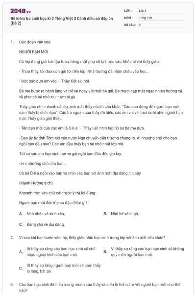 Đề kiểm tra cuối học kì 2 Tiếng Việt 3 Cánh diều có đáp án (Đề 2)