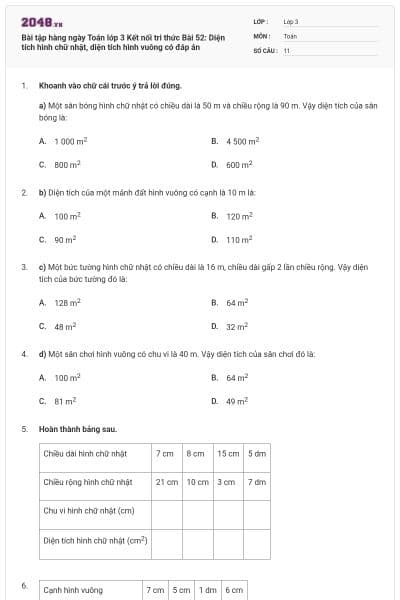 Bài tập hàng ngày Toán lớp 3 Kết nối tri thức Bài 52: Diện tích hình chữ nhật, diện tích hình vuông có đáp án