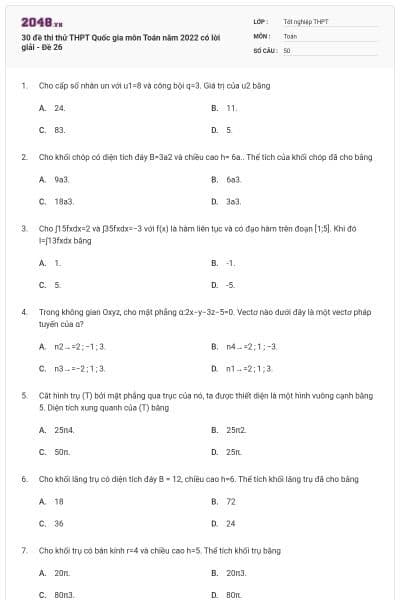 30 đề thi thử THPT Quốc gia môn Toán năm 2022 có lời giải - Đề 26