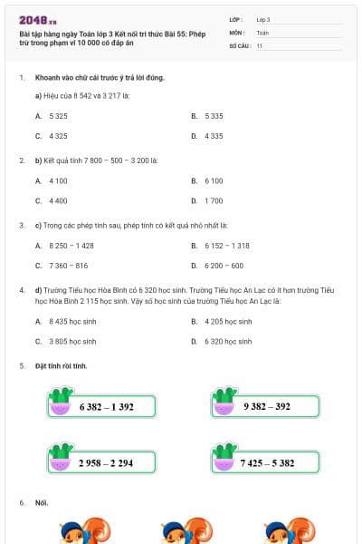 Bài tập hàng ngày Toán lớp 3 Kết nối tri thức Bài 55: Phép trừ trong phạm vi 10 000 có đáp án