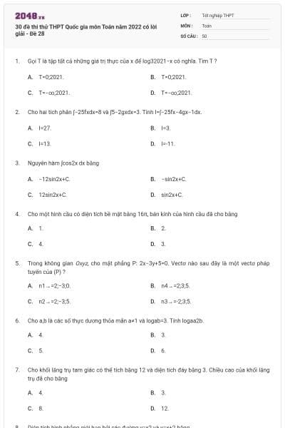 30 đề thi thử THPT Quốc gia môn Toán năm 2022 có lời giải - Đề 28
