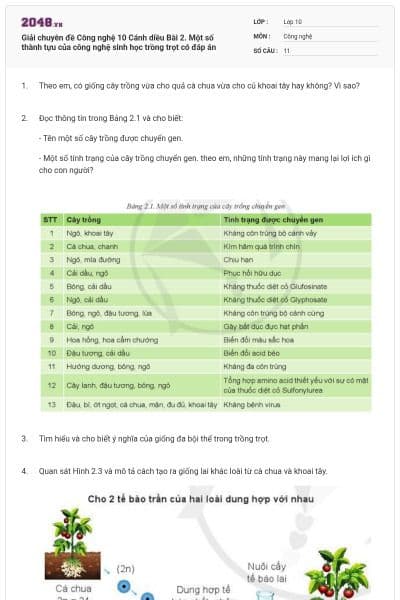 Giải chuyên đề Công nghệ 10 Cánh diều Bài 2. Một số thành tựu của công nghệ sinh học trồng trọt có đáp án