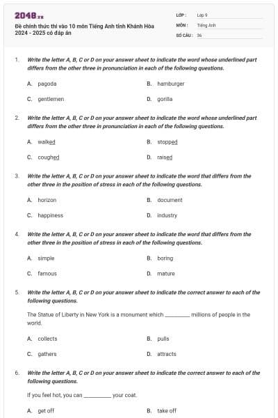 Đề chính thức thi vào 10 môn Tiếng Anh tỉnh Khánh Hòa 2024 - 2025 có đáp án