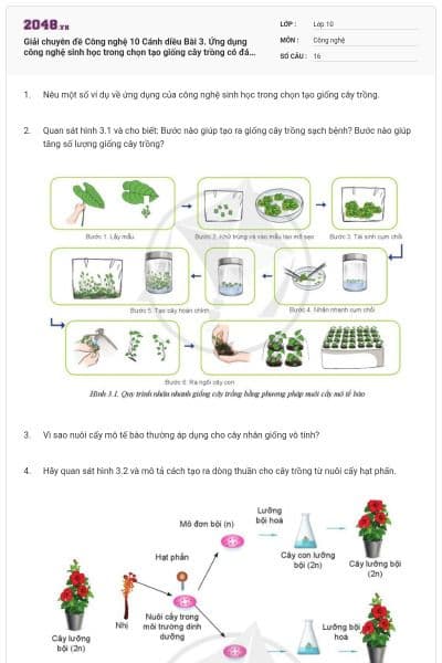 Giải chuyên đề Công nghệ 10 Cánh diều Bài 3. Ứng dụng công nghệ sinh học trong chọn tạo giống cây trồng có đáp án