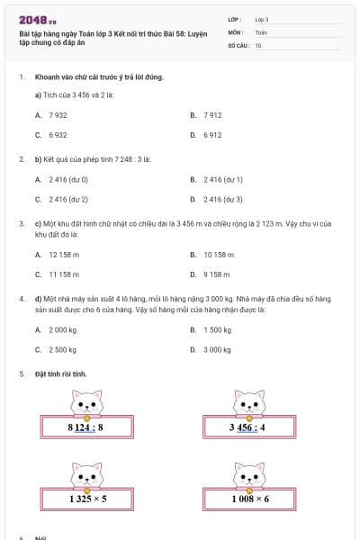 Bài tập hàng ngày Toán lớp 3 Kết nối tri thức Bài 58: Luyện tập chung có đáp án