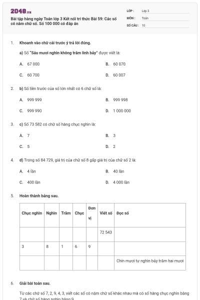 Bài tập hàng ngày Toán lớp 3 Kết nối tri thức Bài 59: Các số có năm chữ số. Số 100 000 có đáp án