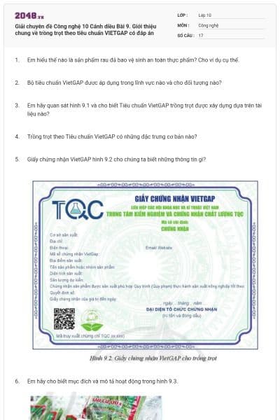 Giải chuyên đề Công nghệ 10 Cánh diều Bài 9. Giới thiệu chung về trồng trọt theo tiêu chuẩn VIETGAP có đáp án