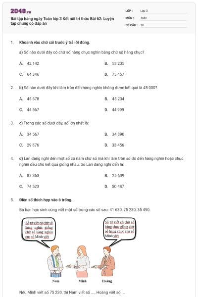 Bài tập hàng ngày Toán lớp 3 Kết nối tri thức Bài 62: Luyện tập chung có đáp án