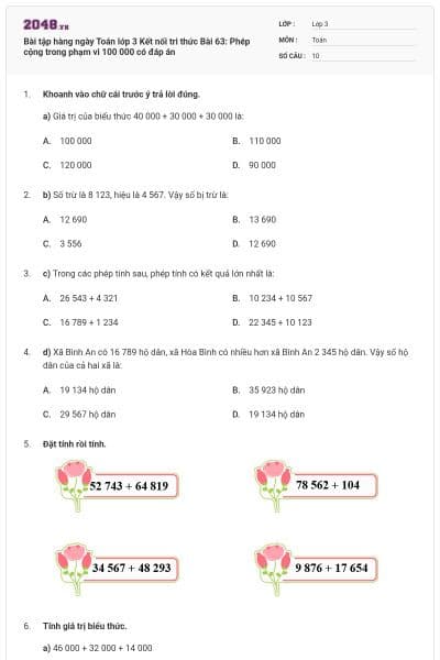 Bài tập hàng ngày Toán lớp 3 Kết nối tri thức Bài 63: Phép cộng trong phạm vi 100 000 có đáp án