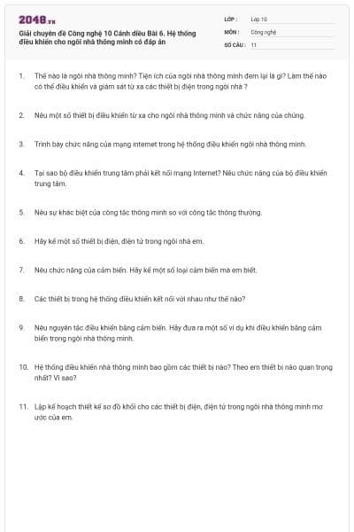 Giải chuyên đề Công nghệ 10 Cánh diều Bài 6. Hệ thống điều khiển cho ngôi nhà thông minh có đáp án