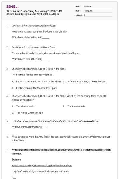 Đề thi ôn vào 6 môn Tiếng Anh trường THCS & THPT Chuyên Trần Đại Nghĩa năm 2024-2025 có đáp án