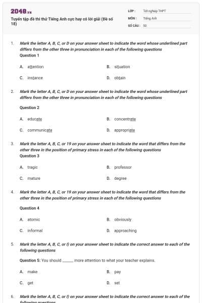 Tuyển tập đề thi thử Tiếng Anh cực hay có lời giải (Đề số 18)