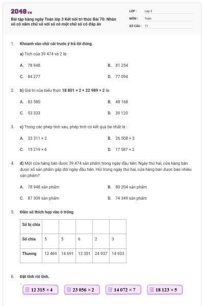 Bài tập hàng ngày Toán lớp 3 Kết nối tri thức Bài 70: Nhân số có năm chữ số với số có một chữ số có đáp án