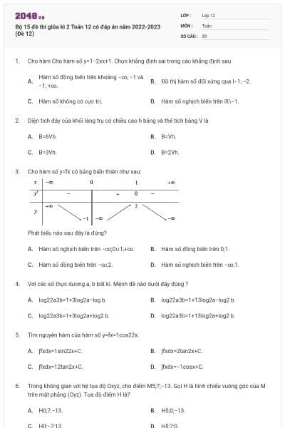 Bộ 15 đề thi giữa kì 2 Toán 12 có đáp án năm 2022-2023 (Đề 12)