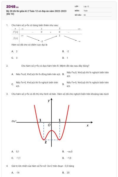 Bộ 20 đề thi giữa kì 2 Toán 12 có đáp án năm 2022-2023 (Đề 10)