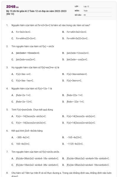 Bộ 15 đề thi giữa kì 2 Toán 12 có đáp án năm 2022-2023 (Đề 13)