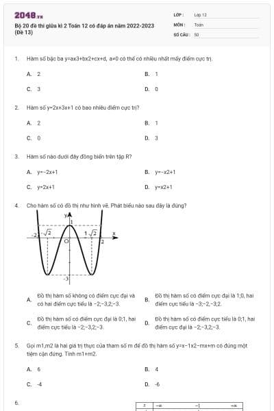 Bộ 20 đề thi giữa kì 2 Toán 12 có đáp án năm 2022-2023 (Đề 13)