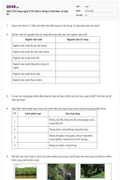 Giải VTH Công nghệ CTST Bài 6. Rừng ở Việt Nam có đáp án