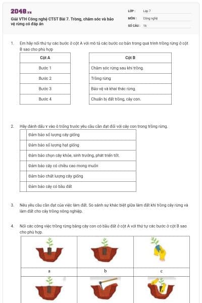 Giải VTH Công nghệ CTST Bài 7. Trồng, chăm sóc và bảo vệ rừng có đáp án