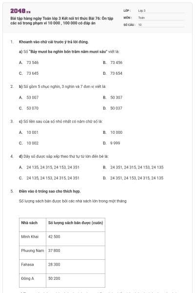 Bài tập hàng ngày Toán lớp 3 Kết nối tri thức Bài 76: Ôn tập các số trong phạm vi 10 000 , 100 000 có đáp án