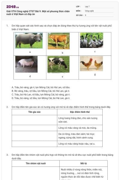 Giải VTH Công nghệ CTST Bài 9. Một số phương thức chăn nuôi ở Việt Nam có đáp án
