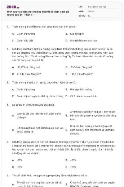 400+ câu trắc nghiệm tổng hợp Nguyên lý thẩm định giá hóa có đáp án - Phần 11