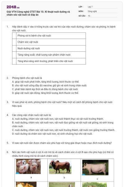 Giải VTH Công nghệ CTST Bài 10. Kĩ thuật nuôi dưỡng và chăm sóc vật nuôi có đáp án