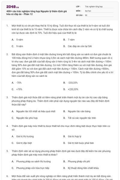 400+ câu trắc nghiệm tổng hợp Nguyên lý thẩm định giá hóa có đáp án - Phần 12