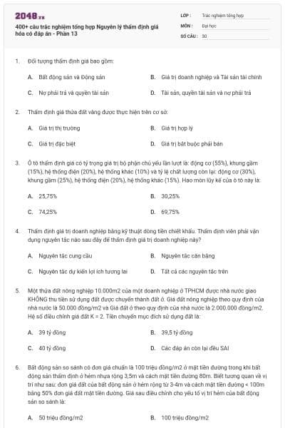 400+ câu trắc nghiệm tổng hợp Nguyên lý thẩm định giá hóa có đáp án - Phần 13