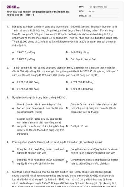 400+ câu trắc nghiệm tổng hợp Nguyên lý thẩm định giá hóa có đáp án - Phần 15