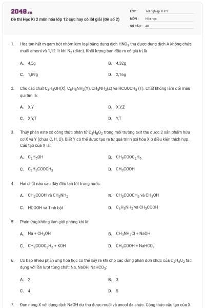 Đề thi Học Kì 2 môn hóa lớp 12 cực hay có lời giải (Đề số 2)