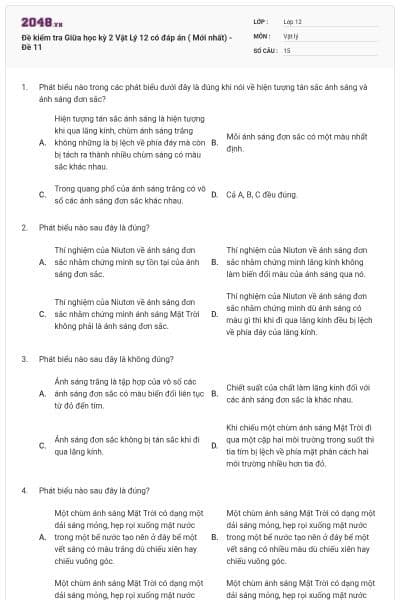 Đề kiểm tra Giữa học kỳ 2 Vật Lý 12 có đáp án ( Mới nhất) - Đề 11