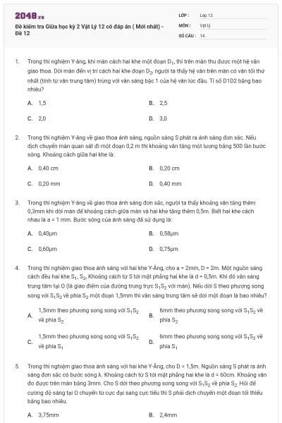 Đề kiểm tra Giữa học kỳ 2 Vật Lý 12 có đáp án ( Mới nhất) - Đề 12