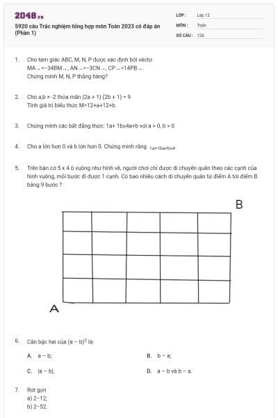 5920 câu Trắc nghiệm tổng hợp môn Toán 2023 có đáp án (Phần 1)