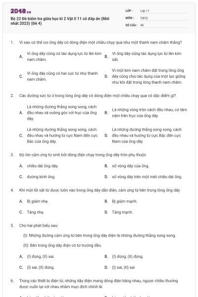 Bộ 22 Đề kiểm tra giữa học kì 2 Vật lí 11 có đáp án (Mới nhất 2023) (Đề 4)