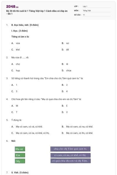 Bộ 30 đề thi cuối kì 1 Tiếng Việt lớp 1 Cánh diều có đáp án - Đề 1