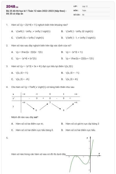 Bộ 25 đề thi học kì 1 Toán 12 năm 2022-2023 (tiếp theo) - Đề 35 có đáp án