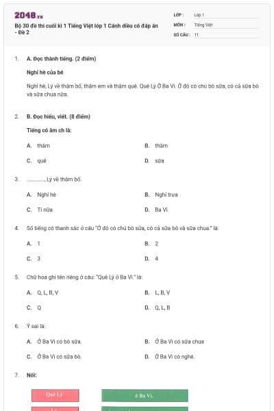 Bộ 30 đề thi cuối kì 1 Tiếng Việt lớp 1 Cánh diều có đáp án - Đề 2