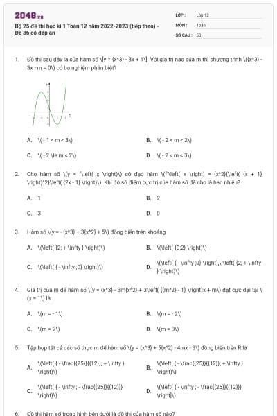 Bộ 25 đề thi học kì 1 Toán 12 năm 2022-2023 (tiếp theo) - Đề 36 có đáp án
