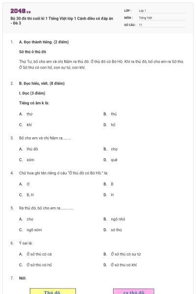 Bộ 30 đề thi cuối kì 1 Tiếng Việt lớp 1 Cánh diều có đáp án - Đề 3