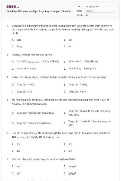 Đề thi Học Kì 2 môn hóa lớp 12 cực hay có lời giải (Đề số 3)
