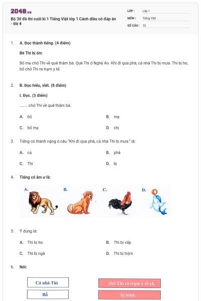 Bộ 30 đề thi cuối kì 1 Tiếng Việt lớp 1 Cánh diều có đáp án - Đề 4